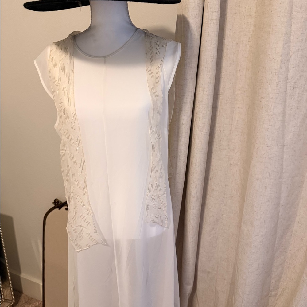 Elegant White Sleeveless Dress with Sheer Overlay